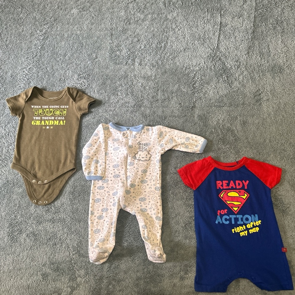 Baby Boy 3-6M Fun Bundle - Superman, Grandma Bodysuit, Footed Sleeper